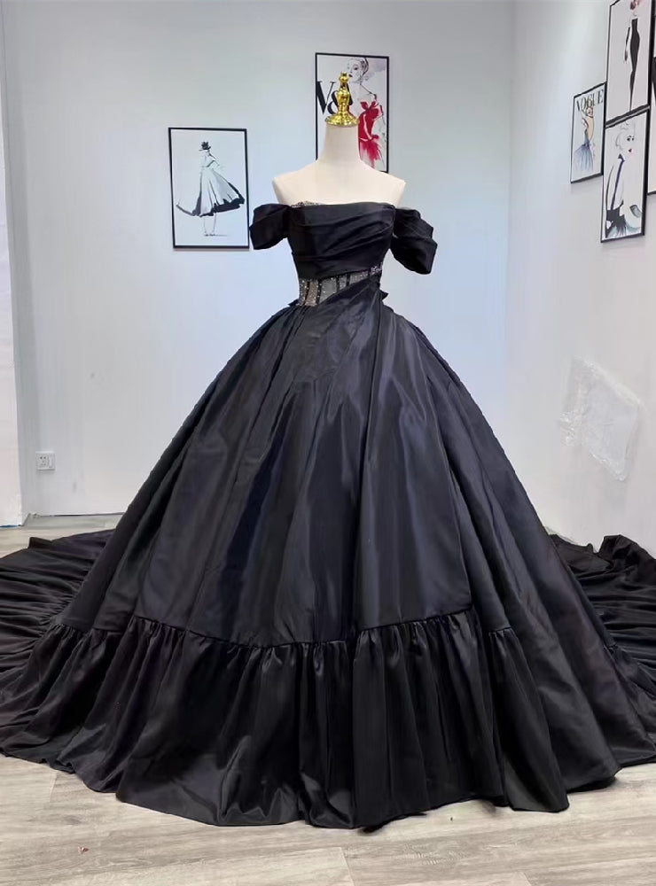 Black Ball Gown Satin Off the Shoulder Wedding Dress