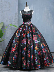 Black Ball Gown Satin Print Lace Backless Quinceanera Dresses