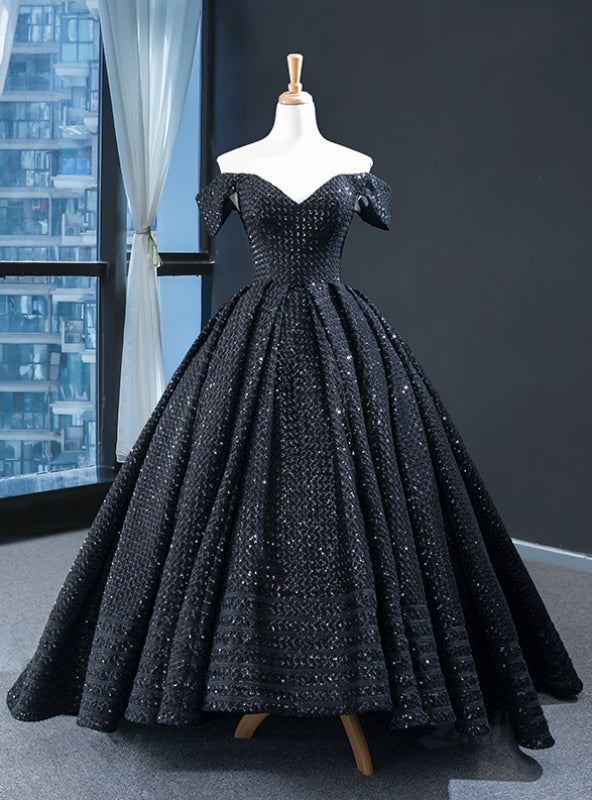 Black Ball Gown Sequins  Off the Shoulder Prom Dress