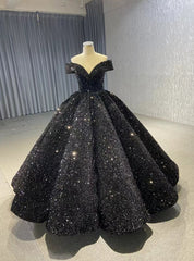 Black Ball Gown Sequins Off the Shoulder prom Dress