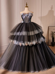 Black Ball Gown Strapless Flower Pleats Prom Dresses