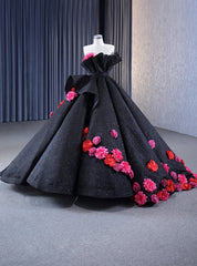 Black Ball Gown Strapless Flower Prom Dresses