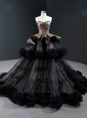 Black Ball Gown Tulle Gold Sequins Sweetheart Formal Prom Dress