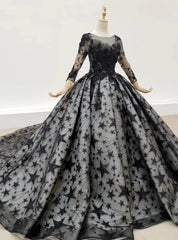 Black Ball Gown Tulle Star Sequins Long Sleeve Wedding Dress