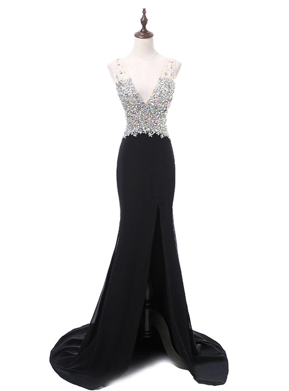 Black Chiffon Mermaid V-neck Prom Dress