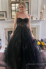 Black Corset A-Line Tulle Long Prom Dress with Lace