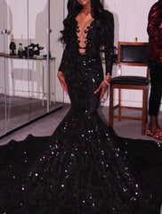 Black Deep V Neck Long Prom Dresses , Mearmaid Prom Dresses