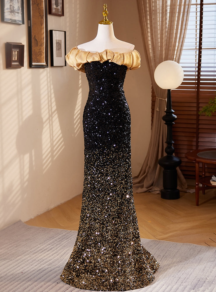 Black Gold Sequins Mermaid Prom Dress