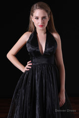 Black Halter Deep V neck Backless Tulle Floro Length Prom Dresses