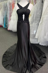 Black Halter Long Prom Dresses with Corset Top and Slit Skirt