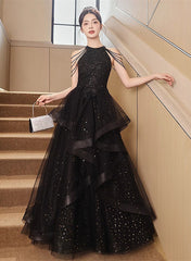 Black Halter Tulle Layers Long Formal Dresses, Black Tulle Prom Dresses