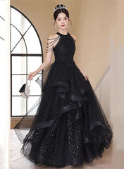 Black Halter Tulle Layers Long Formal Dresses, Black Tulle Prom Dresses