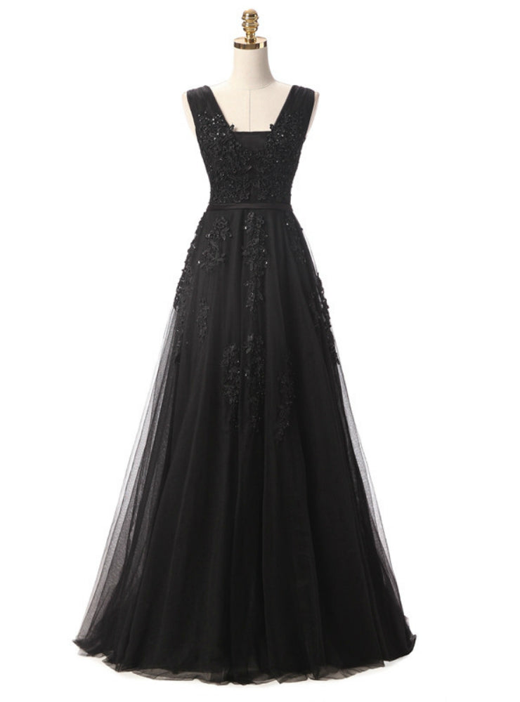 Black Lace Appliques Backless Prom Dress