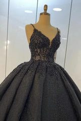 Black lace ball gown Dresses for wedding , spaghetti straps prom Dresses