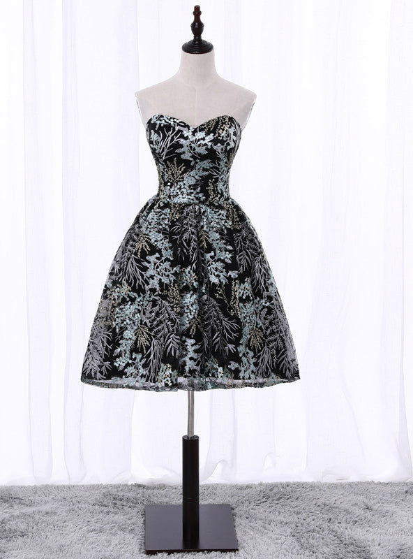 Black Lace Print Strapless Homecoming Dress