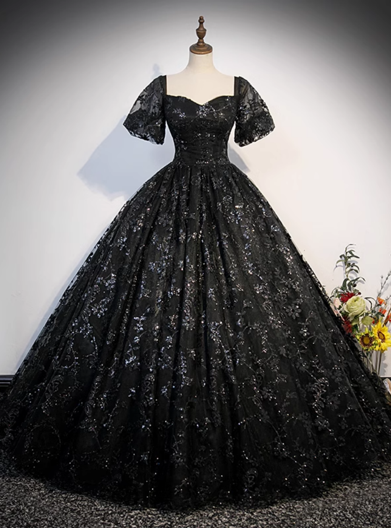 Black Lace Sequins Puff Sleeve Quinceanera Dress