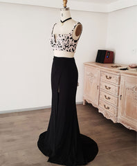 Black Lace Two Pieces Long Prom Dresses, Black Evening Dresses with Lace Beading