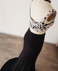 Black Lace Two Pieces Long Prom Dresses, Black Evening Dresses with Lace Beading