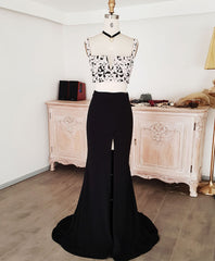 Black Lace Two Pieces Long Prom Dresses, Black Evening Dresses with Lace Beading