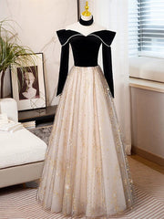 Black Long Sleeves Velvet ane Tulle Long Party Derss, Black Off Shoulder Prom Dresses