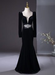 Black Mermaid Long Sleeve Velvet Prom Dresses