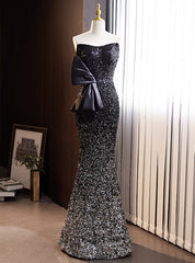 Black Mermaid Sequins Strapless Prom Dresses