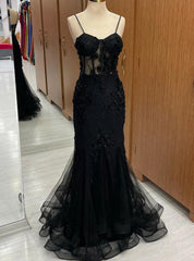 Black Mermaid Spaghetti Straps Flower Prom Dresses