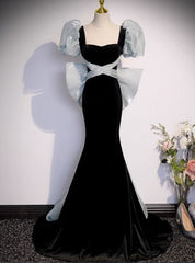 Black Mermaid Square Neck Puff Sleeve Prom Dresses