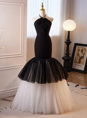 Black Mermaid Tulle Halter Prom Dresses