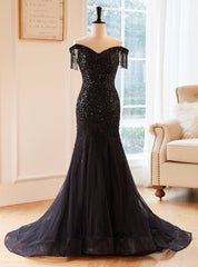 Black Mermaid Tulle Off the Shoulder Beading Prom Dresses