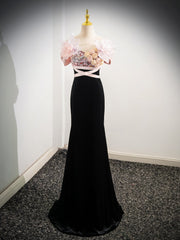 Black Mermaid Velvet Strapless Flower Prom Dresses