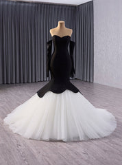 Black Mermaid White Tulle Long Sleeve Prom Dresses