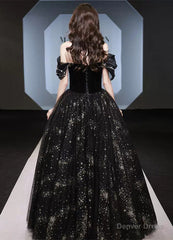 Black Off Shoulder Beaded Sweetheart Tulle Prom Dress, Black Formal Dress