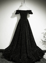 Black Off Shoulder Velvet Long Party Dresses Prom Dresses, Black Simple Evening Dresses