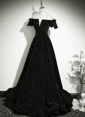 Black Off Shoulder Velvet Long Party Dresses Prom Dresses, Black Simple Evening Dresses