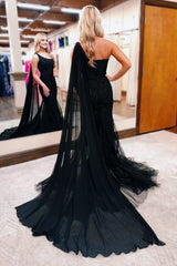 Black One Shoulder Appliques Mermaid Long Prom Dresses