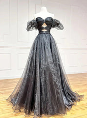 Black Organza Off the Shoulder Pleats Prom Dresses