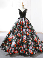 Black Print Satin Lace V-neck Backless Floor Length Wedding Dresses