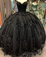 Black Quinceanera Dresses with Flowers,Long Sweet 16 Dresses