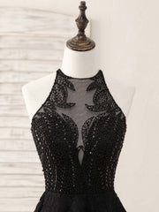 Black Round Neck Lace Beads Short Prom Dresses, Black Homecoming Dresses