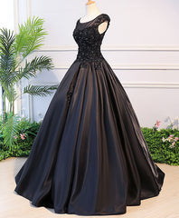 Black Round Neck Lace Long Prom Dresses, Black Evening Dresses