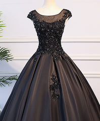 Black Round Neck Lace Long Prom Dresses, Black Evening Dresses