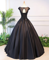 Black Round Neck Lace Long Prom Dresses, Black Evening Dresses