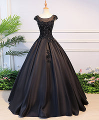 Black Round Neck Lace Long Prom Dresses, Black Evening Dresses