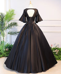 Black Round Neck Satin Lace Long Prom Dresses, Sweet 16 Dresses