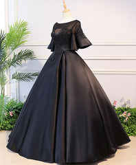 Black Round Neck Satin Lace Long Prom Dresses, Sweet 16 Dresses