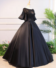 Black Round Neck Satin Lace Long Prom Dresses, Sweet 16 Dresses