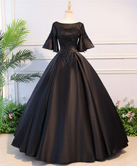 Black Round Neck Satin Lace Long Prom Dresses, Sweet 16 Dresses