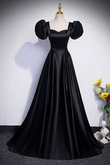 Black Satin Floor Length Prom Dresses, Simple Black Short Sleeve Evening Dresses