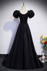 Black Satin Floor Length Prom Dresses, Simple Black Short Sleeve Evening Dresses